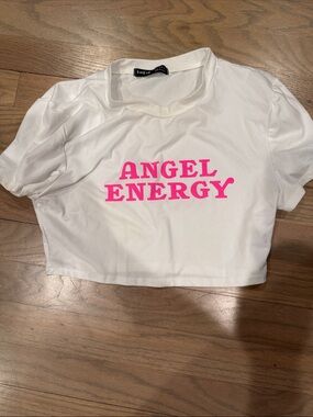 SHEIN White Crop Tee with Hot Pink "Angel Energy" Print